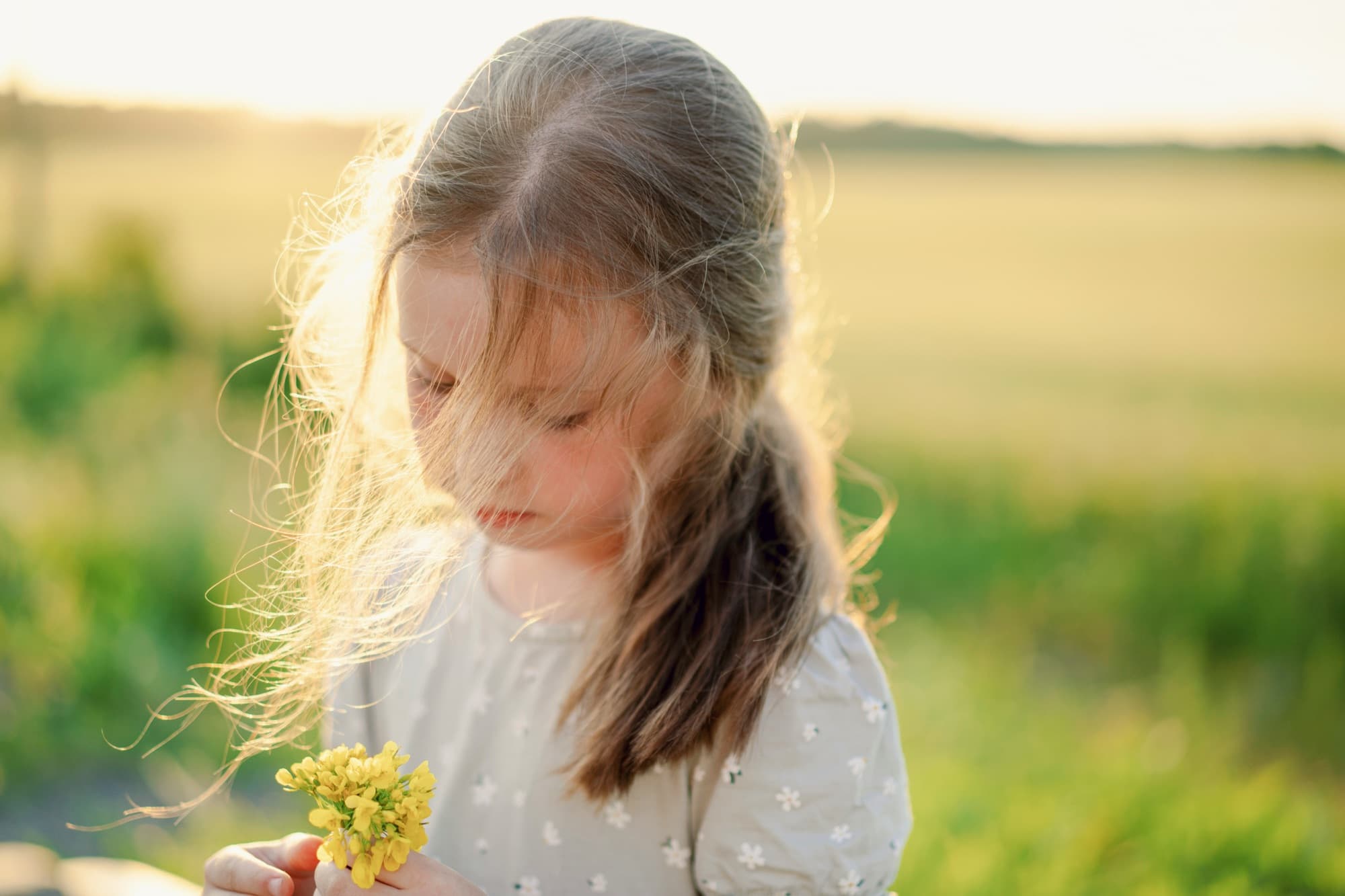 Young girl holding yellow wildflowers in a sunlit field