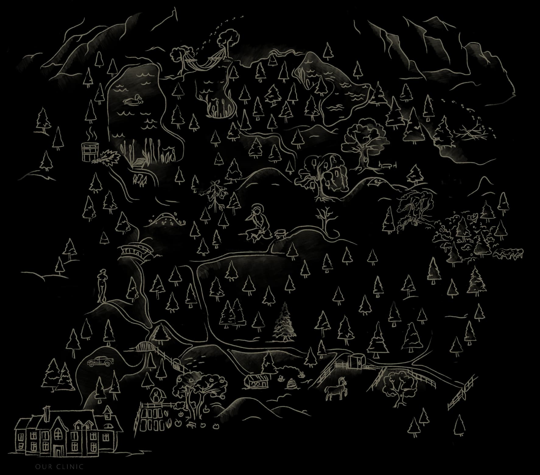 Hand-drawn illustrated map of the retreat property and surrounding Salt Spring Island landscape