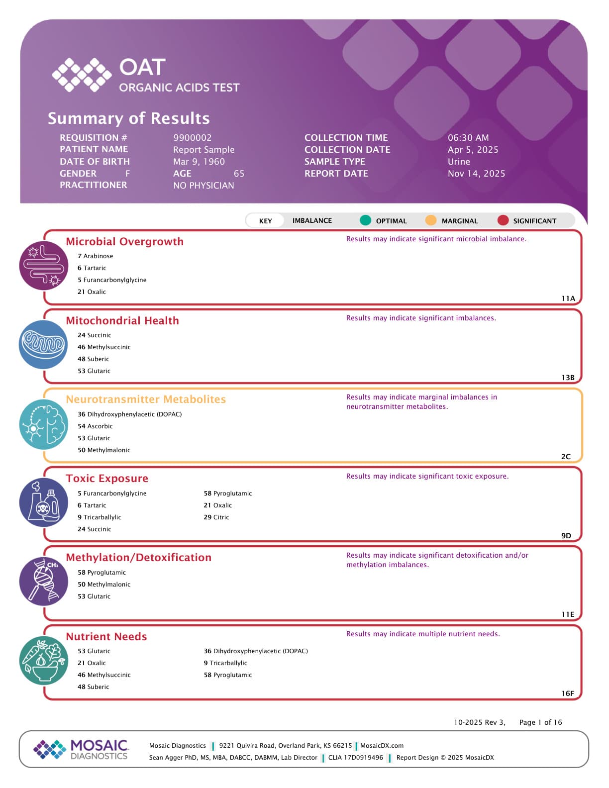 Organic Acids Test (OAT), sample report from Mosaic Diagnostics